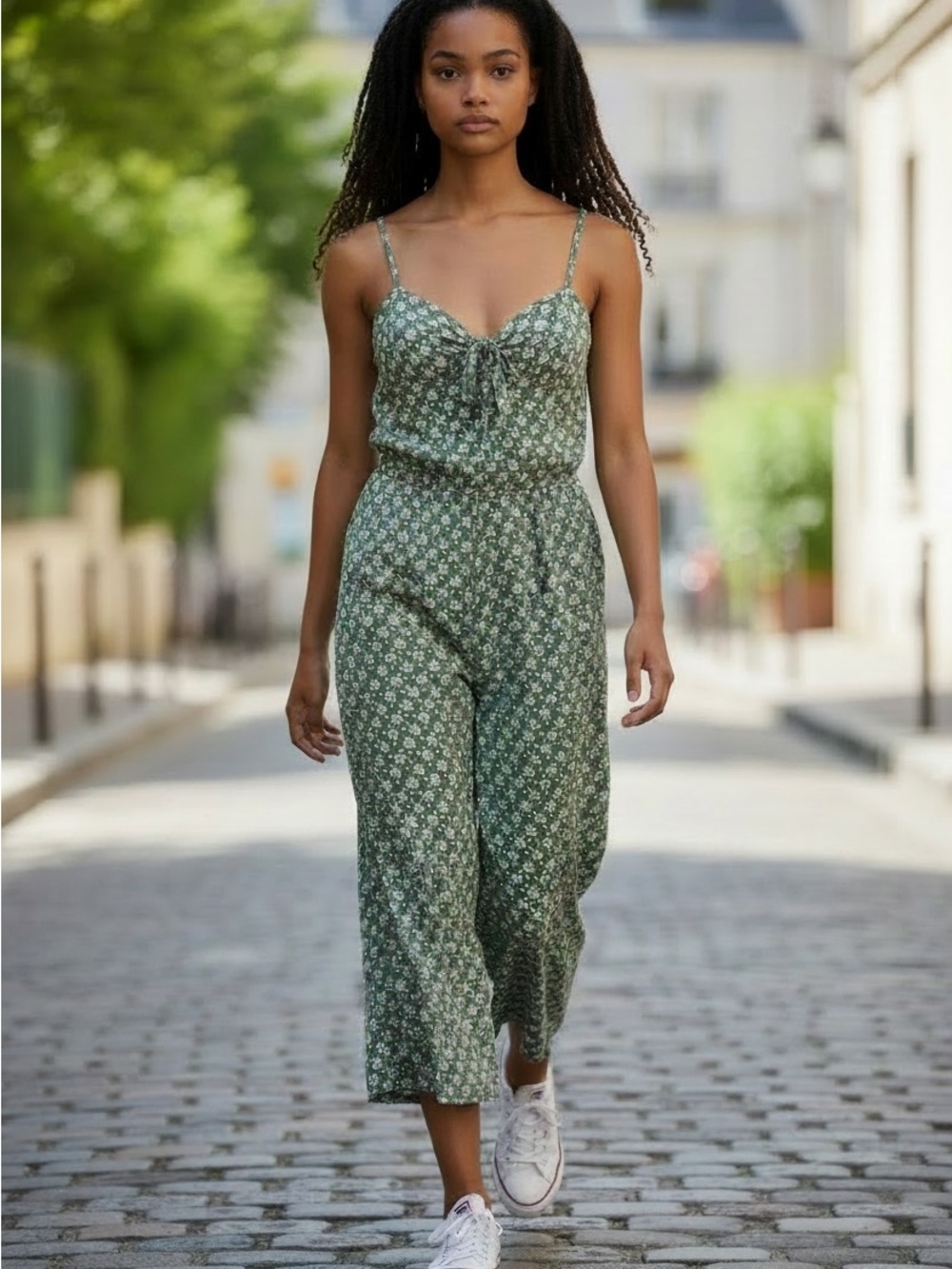 AUW Green Floral Spaghetti-Strap Jumpsuit
